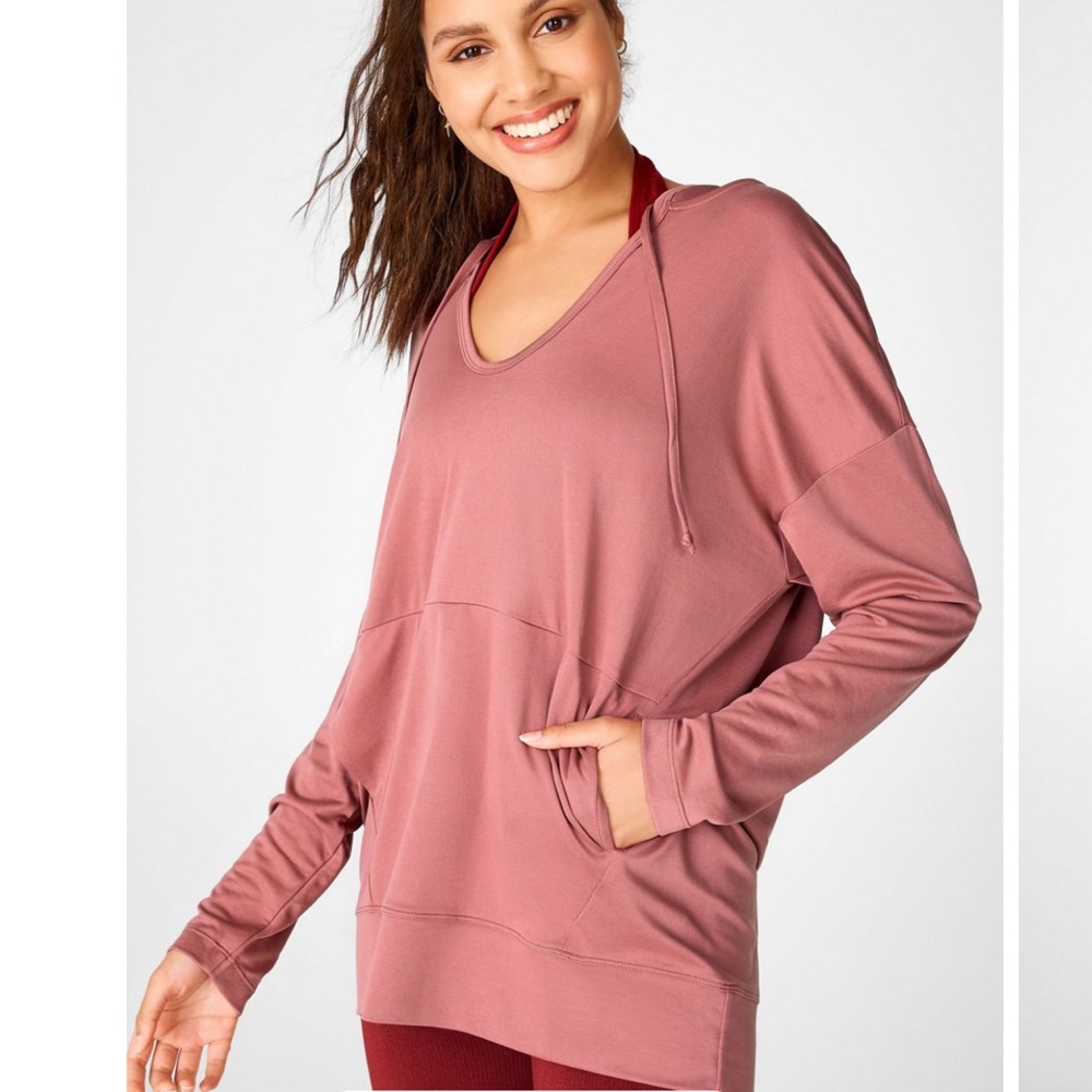 FABLETICS Athena Hooded Pullover Dark Rouge Dusty Mauve Pink XS $75 EUC